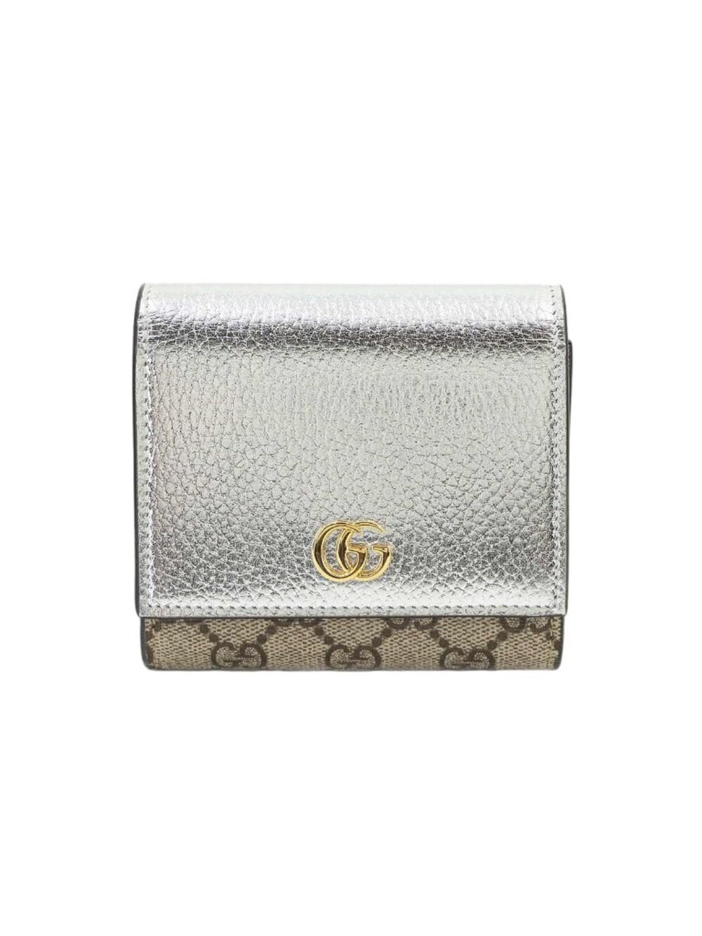Gucci GG Marmont Bifold Wallet Supreme Canvas Leather Beige Silver Gold